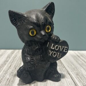 Carved Black Coal Cat Kitten I Love You Figurine Souvenir West Virginia Vintage